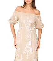 Vince Camuto Woven Off-the-Shoulder 3/4 Sleeve Embroidered Midi Shift Dress