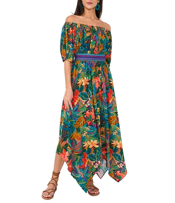Vince Camuto Woven Off-The-Shoulder Bubble Sleeve Smocked Embroidered Blouson Maxi Dress