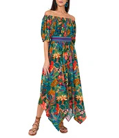 Vince Camuto Woven Off-The-Shoulder Bubble Sleeve Smocked Embroidered Blouson Maxi Dress