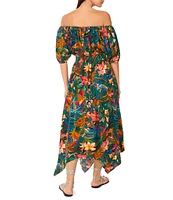 Vince Camuto Woven Off-The-Shoulder Bubble Sleeve Smocked Embroidered Blouson Maxi Dress
