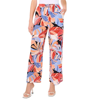 Vince Camuto Woven Tropical Palm Print Drawstring Waist Wide Leg Pants