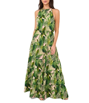Vince Camuto Woven Palm Print Halter Neckline Sleeveless Tiered Blouson Maxi Dress