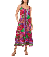 Vince Camuto Woven Printed Braided Scoop Neck Sleeveless Midi Dress