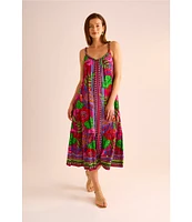 Vince Camuto Woven Printed Braided Scoop Neck Sleeveless Midi Dress