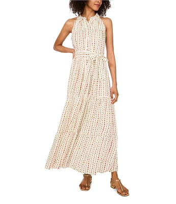Vince Camuto Woven Printed Collared Sleeveless Belted Printed Shirt Dress