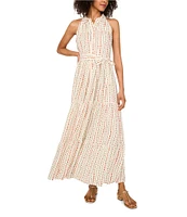 Vince Camuto Woven Printed Collared Sleeveless Belted Printed Shirt Dress