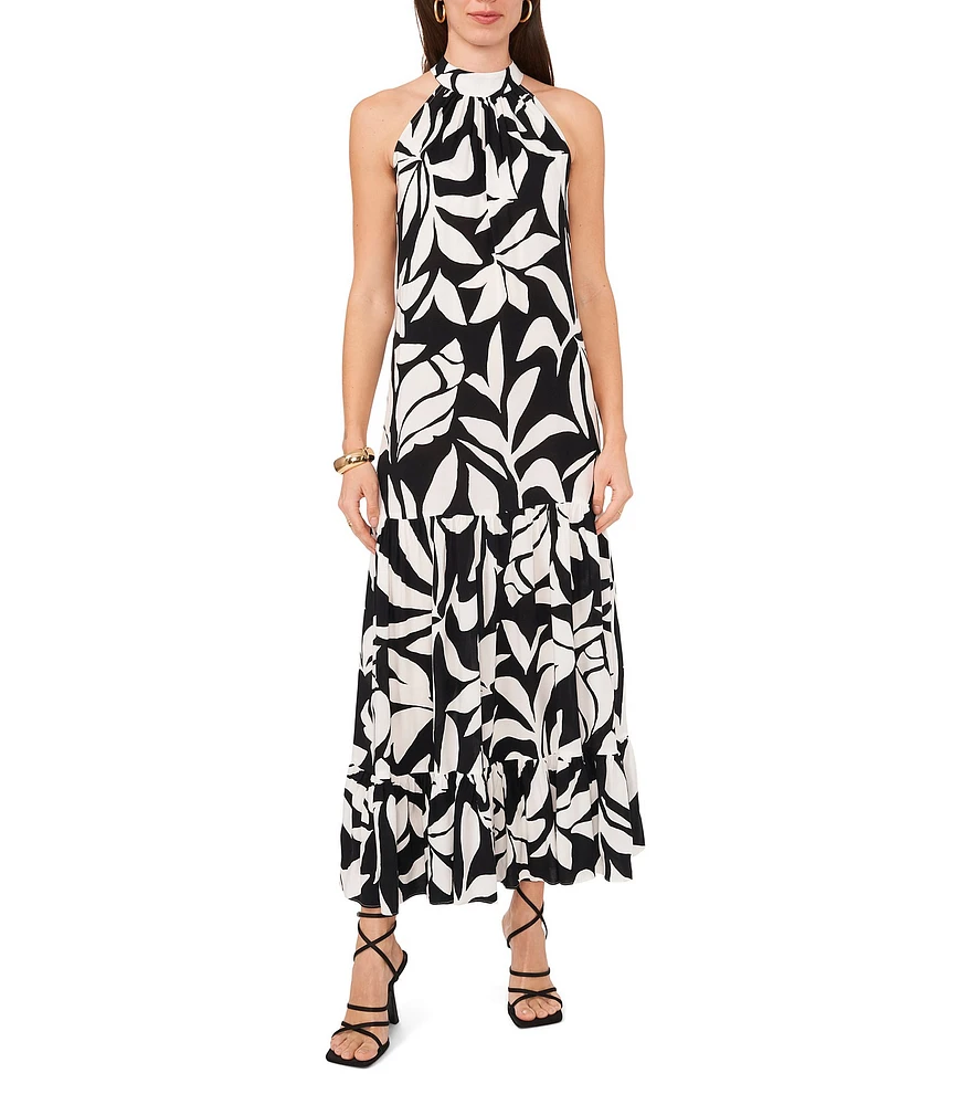 Vince Camuto Woven Printed Halter Neckline Sleeveless Tiered Maxi A-Line Dress