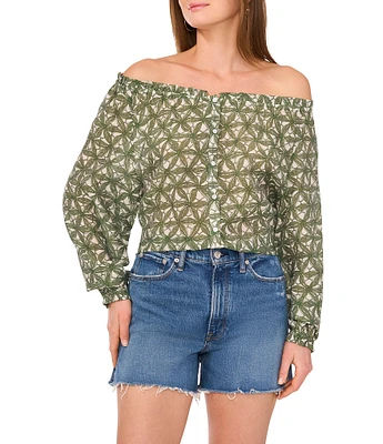 Vince Camuto Woven Printed Off-The-Shoulder Long Sleeve Button Front Blouse