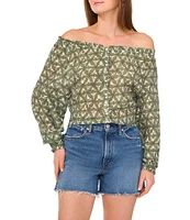 Vince Camuto Woven Printed Off-The-Shoulder Long Sleeve Button Front Blouse