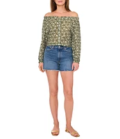 Vince Camuto Woven Printed Off-The-Shoulder Long Sleeve Button Front Blouse
