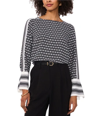 Vince Camuto Woven Printed Round Neck Long Sleeve Blouse