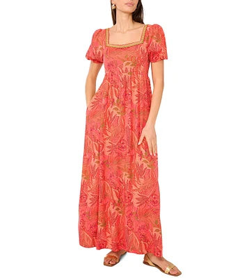 Vince Camuto Woven Floral Print Square Neck Short Puff Sleeve Maxi Dress