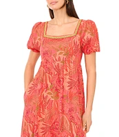 Vince Camuto Woven Floral Print Square Neck Short Puff Sleeve Maxi Dress