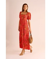 Vince Camuto Woven Floral Print Square Neck Short Puff Sleeve Maxi Dress
