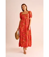 Vince Camuto Woven Floral Print Square Neck Short Puff Sleeve Maxi Dress