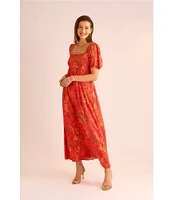 Vince Camuto Woven Floral Print Square Neck Short Puff Sleeve Maxi Dress