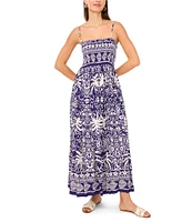 Vince Camuto Woven Printed Square Neck Sleeveless Smocked A-Line Maxi Dress