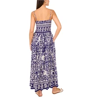 Vince Camuto Woven Printed Square Neck Sleeveless Smocked A-Line Maxi Dress