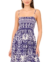 Vince Camuto Woven Printed Square Neck Sleeveless Smocked A-Line Maxi Dress