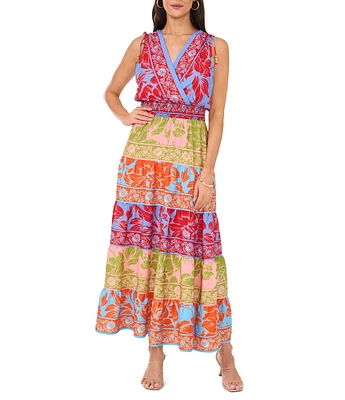 Vince Camuto Woven Printed Surplice V-Neck Tiered Blouson Maxi Dress