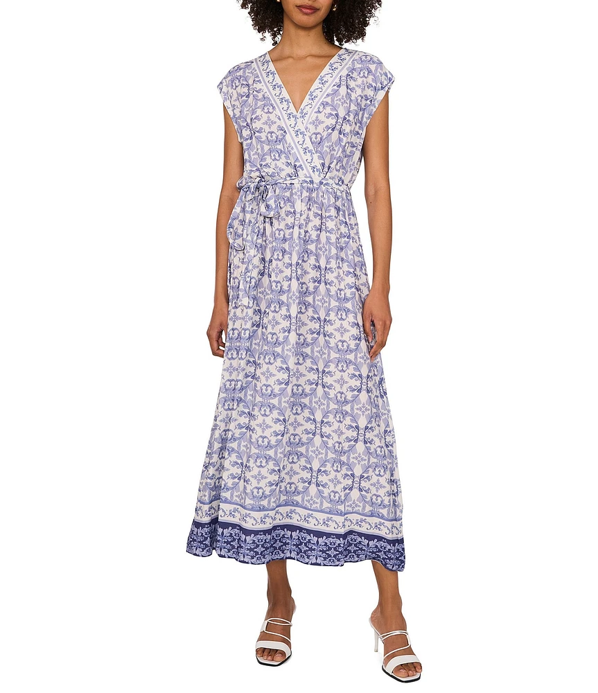 Vince Camuto Woven Printed V-Neck Cap Sleep Tie Front Maxi Wrap Dress