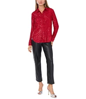 Vince Camuto Woven Sequin Point Collar Long Sleeve Button Front Shirttail Blouse