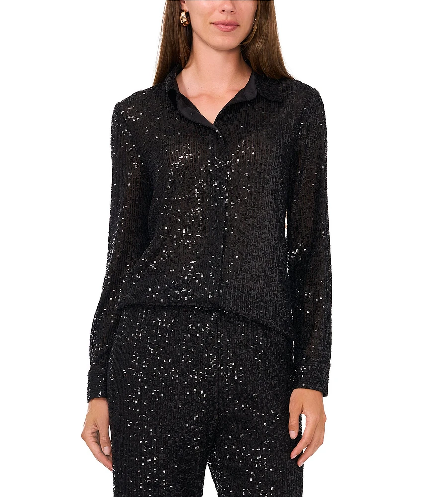 Vince Camuto Woven Sequin Point Collar Long Sleeve Button Front Shirttail Blouse