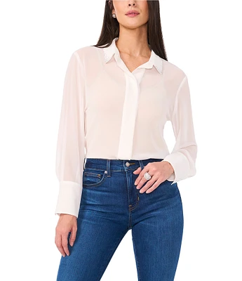 Vince Camuto Woven Sheer Chiffon Rhinestone Point Collar Long Sleeve Button Front Hi-Low Shirttail Blouse