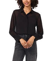 Vince Camuto Woven Sheer Chiffon Rhinestone Point Collar Long Sleeve Button Front Hi-Low Shirttail Blouse