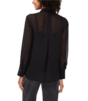 Vince Camuto Woven Sheer Chiffon Rhinestone Point Collar Long Sleeve Button Front Hi-Low Shirttail Blouse