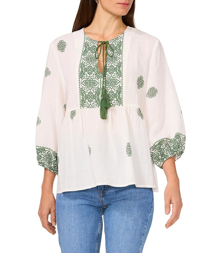 Vince Camuto Woven Split Round Neck 3/4 Sleeve Peasant Blouse