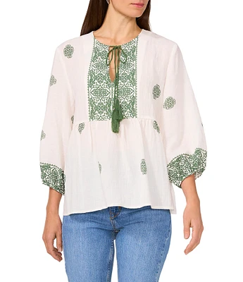 Vince Camuto Woven Split Round Neck 3/4 Sleeve Peasant Blouse