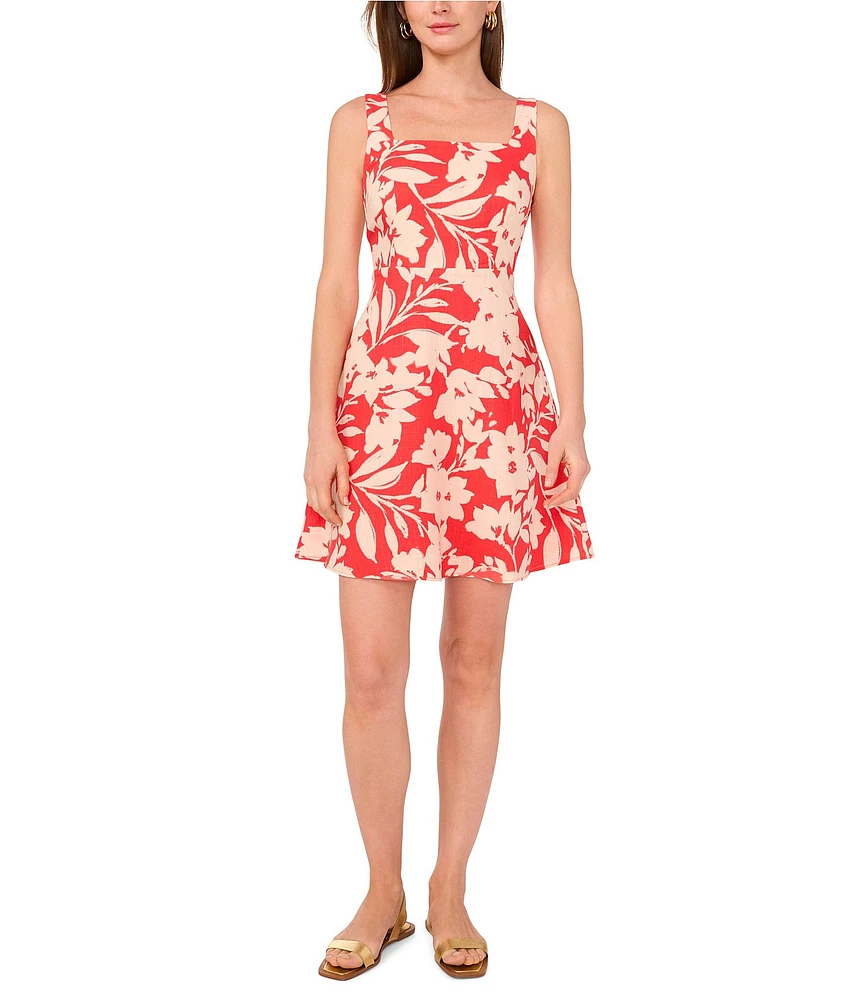Vince Camuto Woven Square Neck Sleeveless Floral Print A-Line Dress
