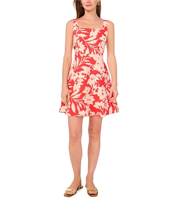 Vince Camuto Woven Square Neck Sleeveless Floral Print A-Line Dress