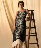 Vince Camuto Woven Square Neckline Sleeveless Printed Maxi Shift Dress