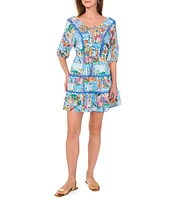 Vince Camuto Woven V-Neck 3/4 Sleeve Tie Front Tiered A-Line Dress