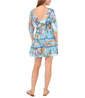 Vince Camuto Woven V-Neck 3/4 Sleeve Tie Front Tiered A-Line Dress