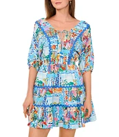 Vince Camuto Woven V-Neck 3/4 Sleeve Tie Front Tiered A-Line Dress
