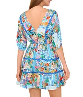 Vince Camuto Woven V-Neck 3/4 Sleeve Tie Front Tiered A-Line Dress