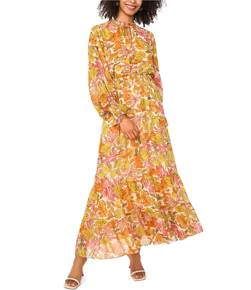 Vince Camuto Woven V-Neck Long Sleeve Smocked Waist Tie Front Dress