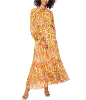 Vince Camuto Woven V-Neck Long Sleeve Smocked Waist Tie Front Dress