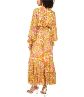 Vince Camuto Woven V-Neck Long Sleeve Smocked Waist Tie Front Dress