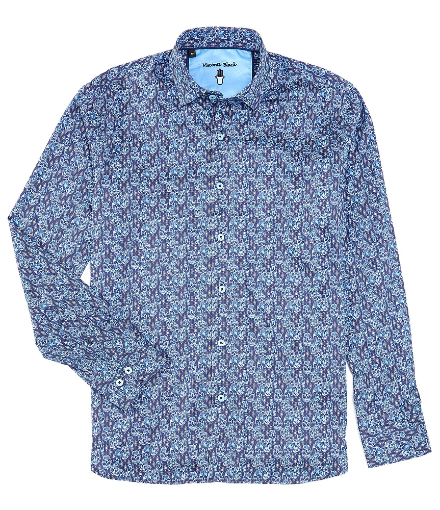 Visconti Satin Stretch Skull Print Long Sleeve Woven Shirt