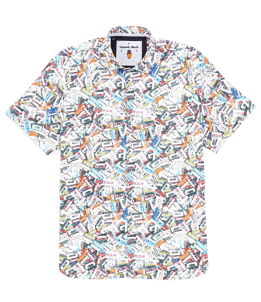 Visconti Stretch Cassette Tape Print Short Sleeve Woven Shirt