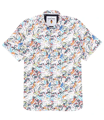 Visconti Stretch Cassette Tape Print Short Sleeve Woven Shirt