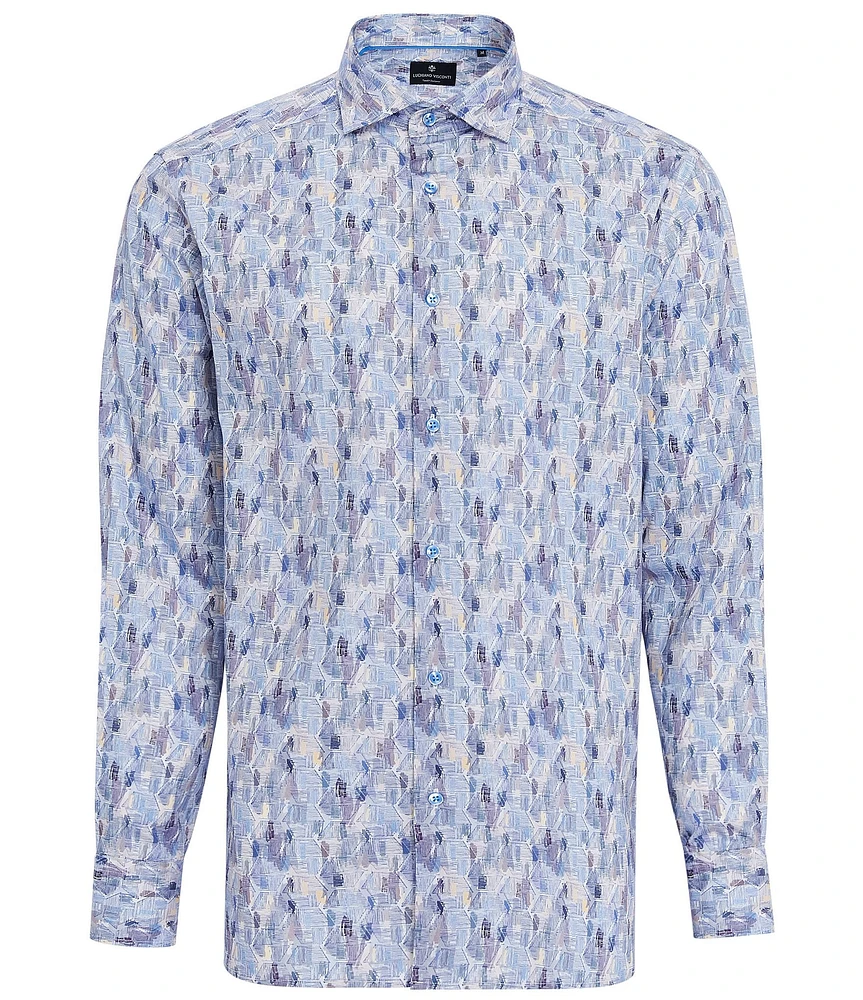 Visconti Wavy Grid Print Stretch Long Sleeve Woven Shirt