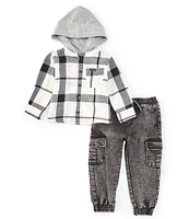 Volcom Baby Boys 12-24 Months Long Sleeve Plaid Brushed Flannel Hooded Jacket & Denim Jogger Pant Set