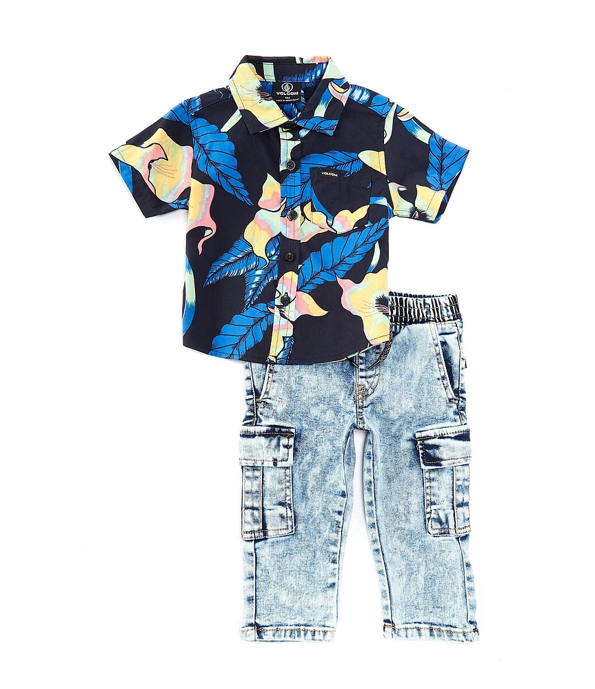 Volcom Baby Boys 12-24 Months Short-Sleeve Printed Woven Shirt & Cargo-Pocket Denim Jeans Set