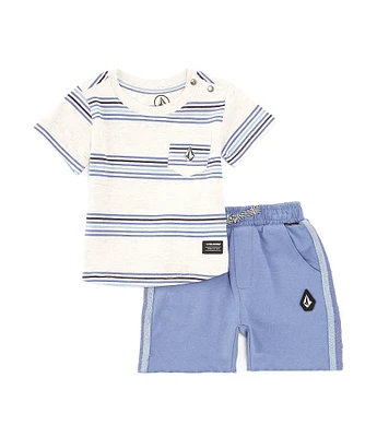 Volcom Baby Boys 12-24 Months Short Sleeve Striped Pocket T-Shirt & Racing-Stripe Shorts Set