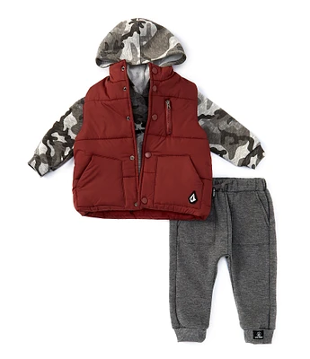 Volcom Baby Boys 12-24 Months Sleeveless Woven Vest, Long Sleeve Camo Printed Logo Fleece Hoodie & Solid Fleece Jogger Pant Set